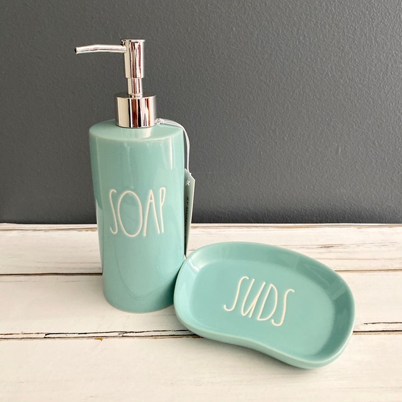 Rae Dunn Blue SOAP Dispenser & SUDS Dish Set